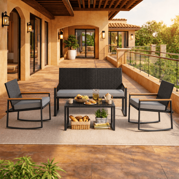 4-Piece All-Weather Steel Patio Conversation Set - Thick Cushioned Outdoor Sofa with Tempered Glass Coffee Table, Waterproof Backyard/Porch/Balcony/Poolside Furniture Beige
