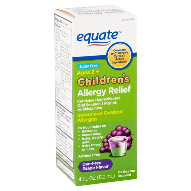 Equate Children's Allergy Cetirizine Suspension, Grape, 4 oz, Sugar