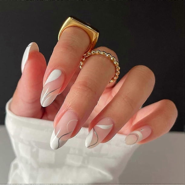 24 Pieces Swirl Almond False Nails Short, Milky French Press on Short Nails, Cute Nude Stiletto False Nails with Glue for Women and Girls, Almond Fake