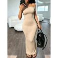 thumbnail image 2 of Womens Beige Off Shoulder Fitted Ruched Short Sleeve Maxi Dress, 2 of 5