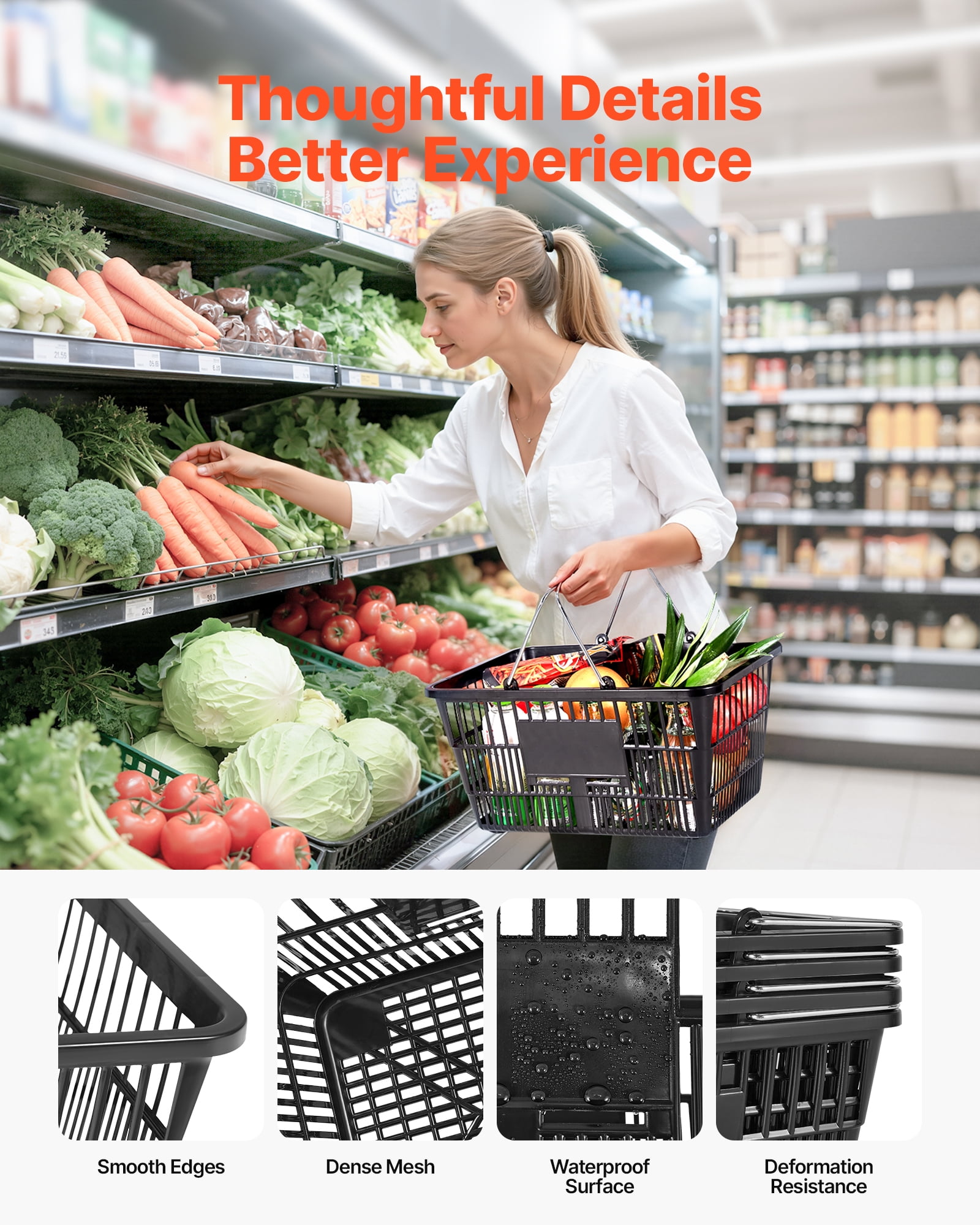 VEVOR Shopping Baskets, 12 PCS, 21L Stackable PE Plastic Grocery Baskets with Handles, Dense Mesh Structure, Holds up to 20 lbs, Portable for Grocery, Retail, Stores, Supermarket, Home Use, Black