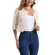 thumbnail image 4 of CHAQUETA DE JEAN CORTA SIN CUELLO PARA MUJERES CON MANGAS 3/4 EN COLOR ALBARICOQUE TALLA S, 4 of 6