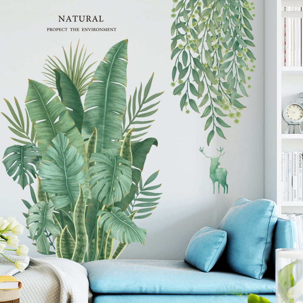DIY Vinyl Art Murals for Bedroom Living Room Home Decoration ULENDIS Removable Tropical Banana Leaf Wallpaper Green Plants Leaves Wall Stickers Palm Tree Leaf Plants Wall Decals 