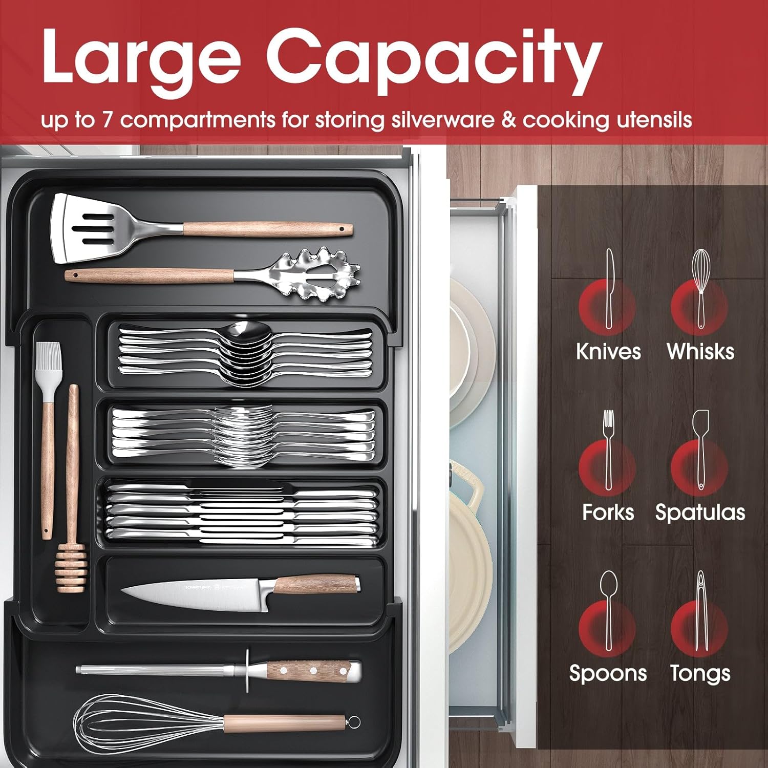 Silverware Organizer - Expandable Kitchen Drawer Organizer, Adjustable Utensil Organizer, Cutlery Tray for Forks, Knives, Multipurpose Kitchen Organizers and Storage Solution, Black