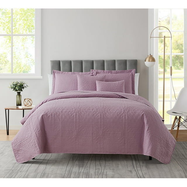 Clara Clark Home Quilt Set Bedspread - Ultra Soft Microfiber Embossed Grid Weave Pinsonic Lightweight - Quilted Comforter 5 Piece Bedding Set - 2 Pillow Shams, 2 Euro Shams - King, Lavneder Dream