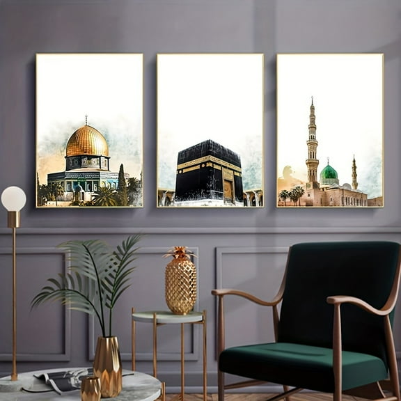 3pcs Unframed Islamic Wall Art - Kaaba Mecca - Masjid an-Nabawi Medinah - Al Aqsa Painting Creative Canvas Poster Waterproof Canvas Wall Art Artwork Wall Painting for Gift Bedroom Office Living Room