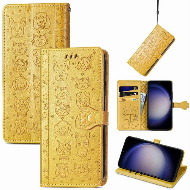 Funda Cartera FOXDOCK para Samsung Galaxy S23FE , Flip PU con Relieve de Gatos y Perros, Tarjetero y Soporte