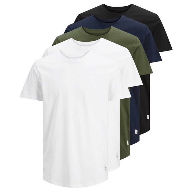 Jack & Jones Camiseta para Hombre, Paquete de 5 - JJENOA, manga corta, cuello redondo, algodón, color sólido Blanco/Verde/Azul/Negro M (Medium)