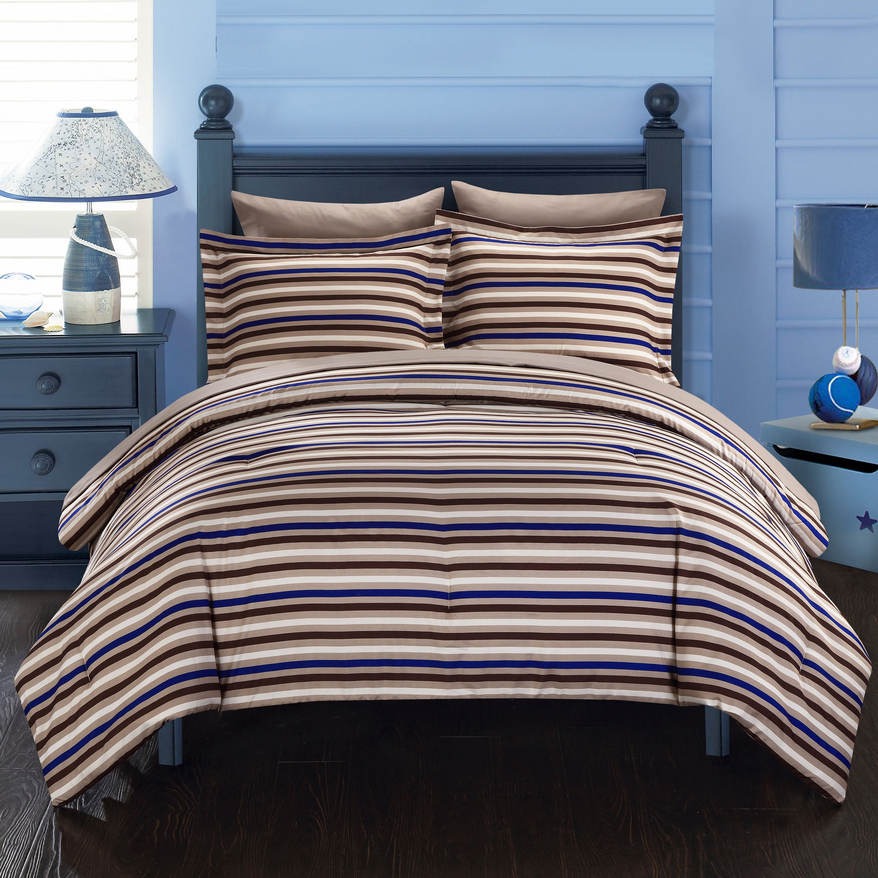 Chic Home Rianne 5-Piece Reversible Striped Comforter Set, Twin, Brown