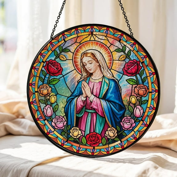 Personalized Virgin Mary Stained Glass Window Hanging, Mary Stained Glass Suncatcher Birthday Gift for Women