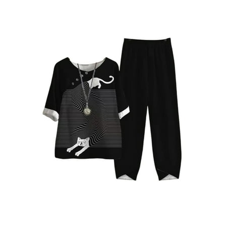 

Sexy Dance Women Nightwear 1/2 Sleeve Sleepwear Floral Printed Loungwear 2 Piece Outfits Pajamas Daily Wear Lounge Sets Cat XL