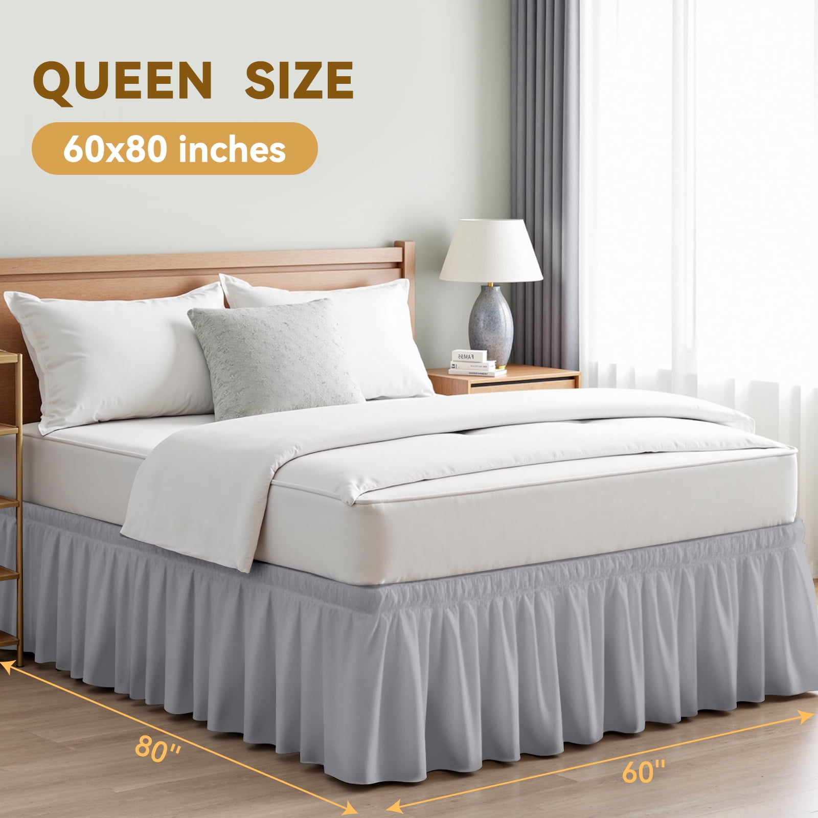 AzulHome Light Gray Bed Skirts Dust Ruffle For Queen Size Bed, 18 inch Tailored Drop with Adjustable Elastic Belt, Easy to Install and Clean