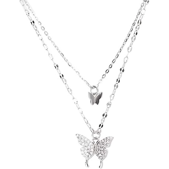 Sterling Silver Necklace Shining Butterfly Tassel Necklace Female Double Layer Pendant Clavicle Chain Wedding Party Jewelry