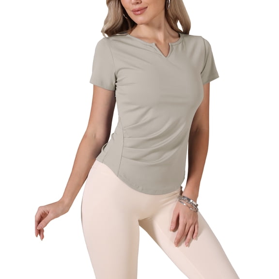 Elastic Workout Tops for Women Short Sleeve Running Gym Athletic Shirts Crewneck Quick Dry Tshirts XS Grey