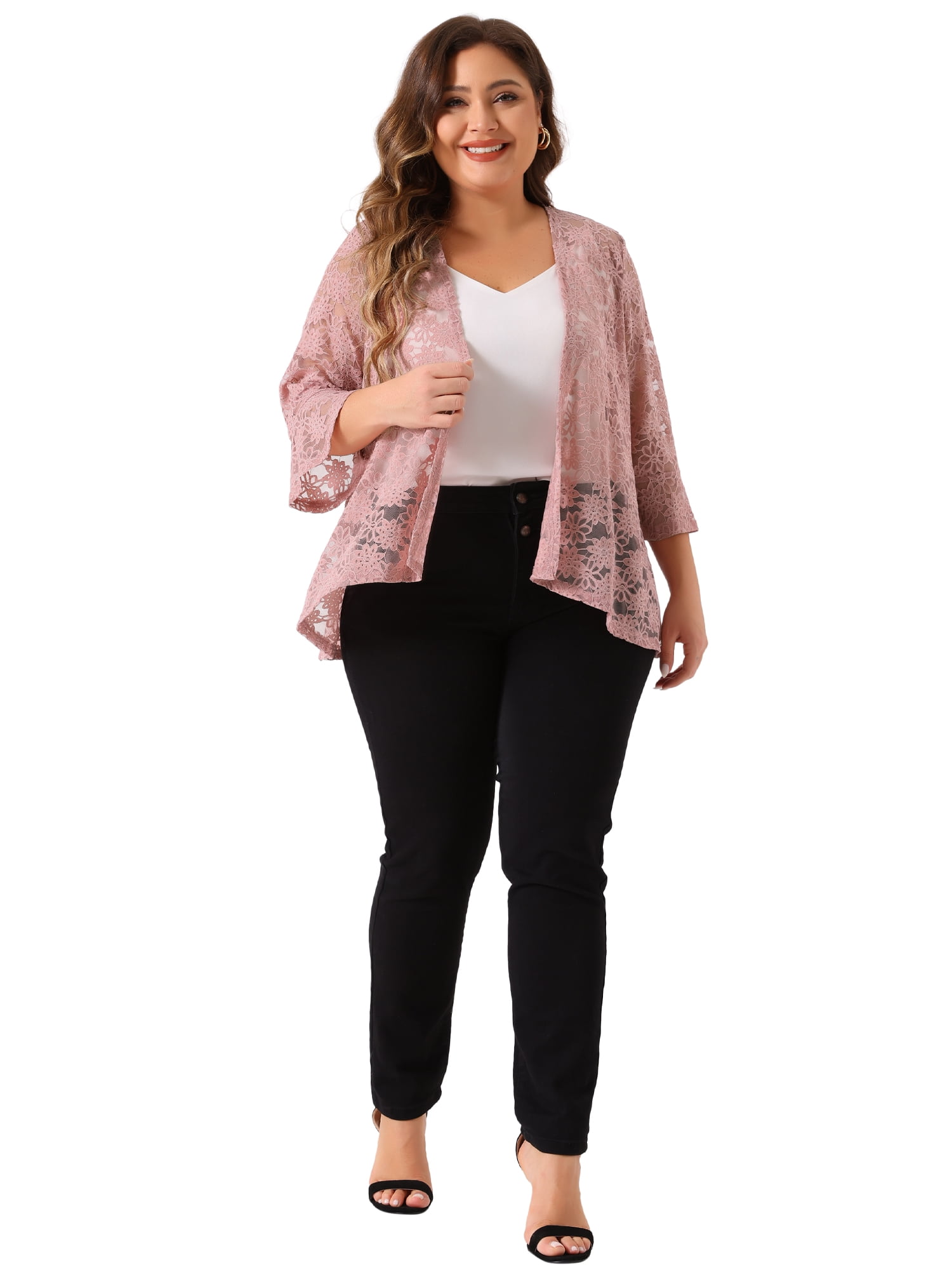 DARING DIVA Women's Plus Size Open Front 3/4 Sleeve Sheer Lace Cardigan 4X Pink