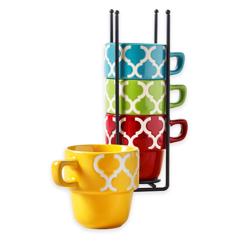Ceramic 5 Pcs. Stacking Coffee Mug Set With Rack Mugs With