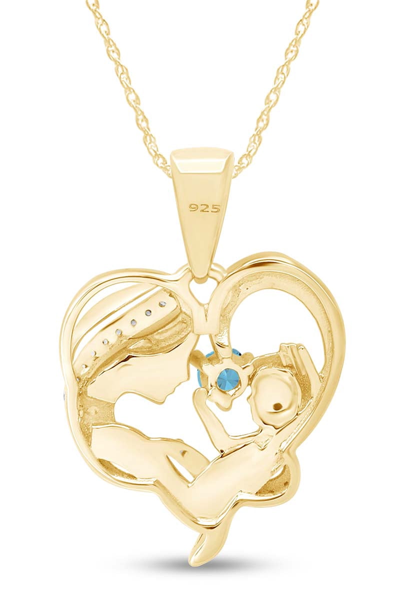 AFFY Aquamarine & White Cubic Zirconia Mom Heart Pendant Necklace 14k Yellow Gold over Silver