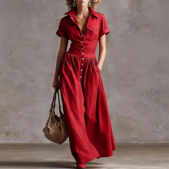 Morttic Women's Collared Button Shirt Short Sleeve Waist Cinched A-Line Elegant Solid Pockets Maxi Dress Vacation Casual Outfit Red,S
