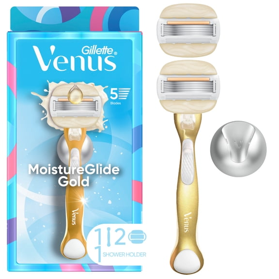 Venus MoistureGlide Olympics Gold Razor for Women, Limited Edition, 5 Blades, Manual Razor, Handle   2 Razor Blade Refills   Shower Hook, Gold