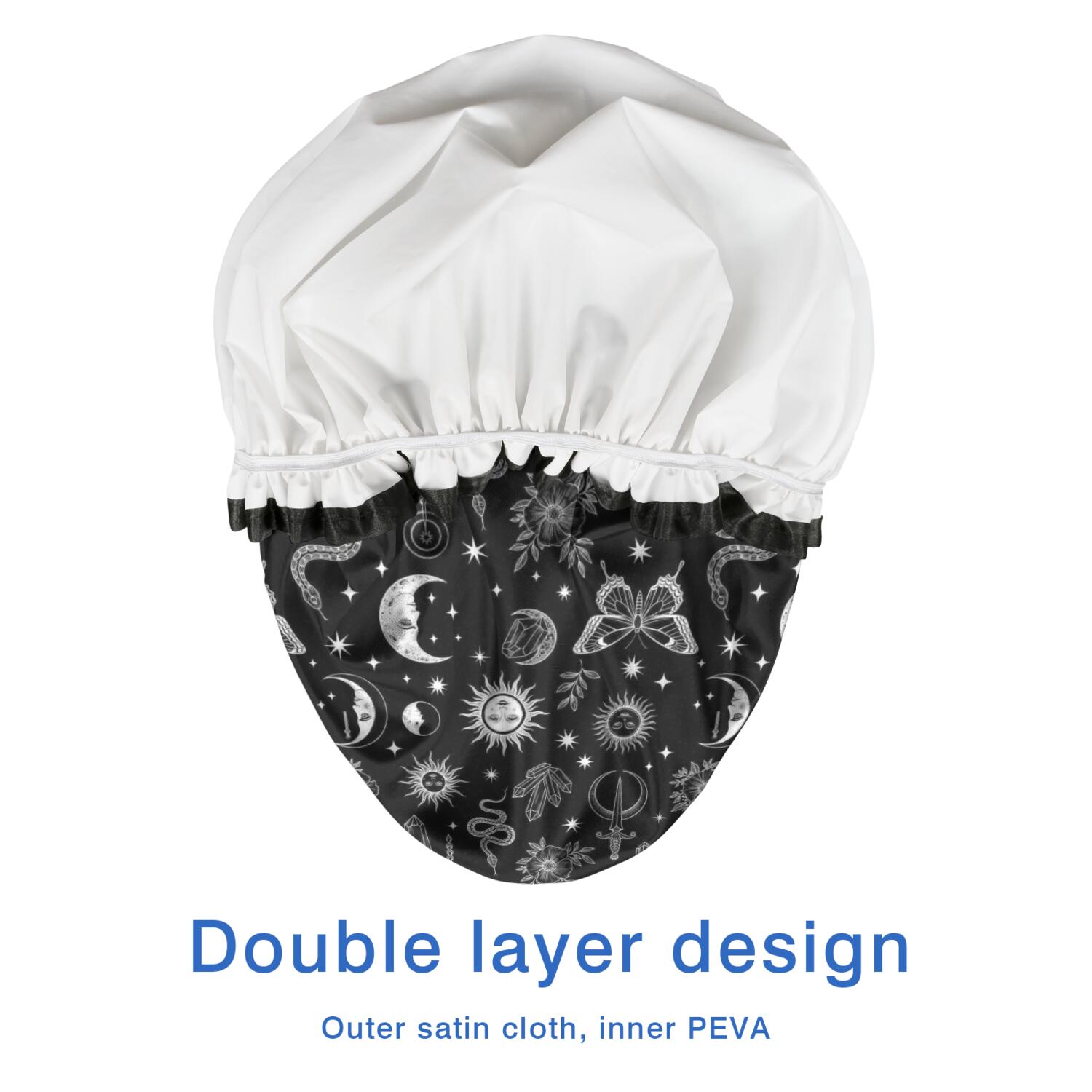 Shower Caps,Black White Sun Moon Snake Butterfly Pattern Waterproof Shower Cap for Women 4 Pieces,Double Reusable Hair Cover for Shower PEVA Elastic Stretch Hem