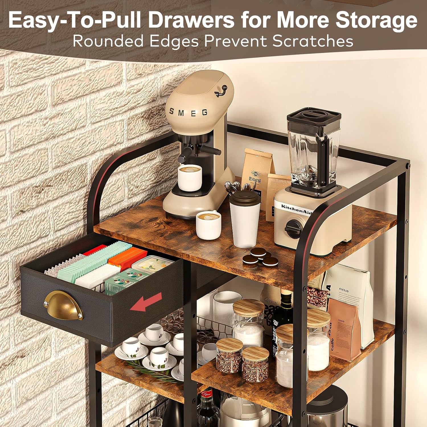 Microwave Cart with Storage, Kitchen Island Cart with Table Top & Drawer, 3 Tier Rolling Utility Cart with Adjustable 2 Storage Shelves, Coffee Bar Shelf for Kitchen/Dining/Living Room