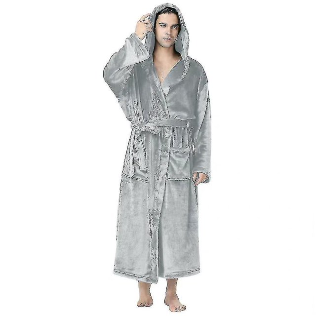 Plus Size Men Luxury Dressing Gown Hooded Warm Fleece Bathrobe Soft Cozy Lounge Robe Nightwear