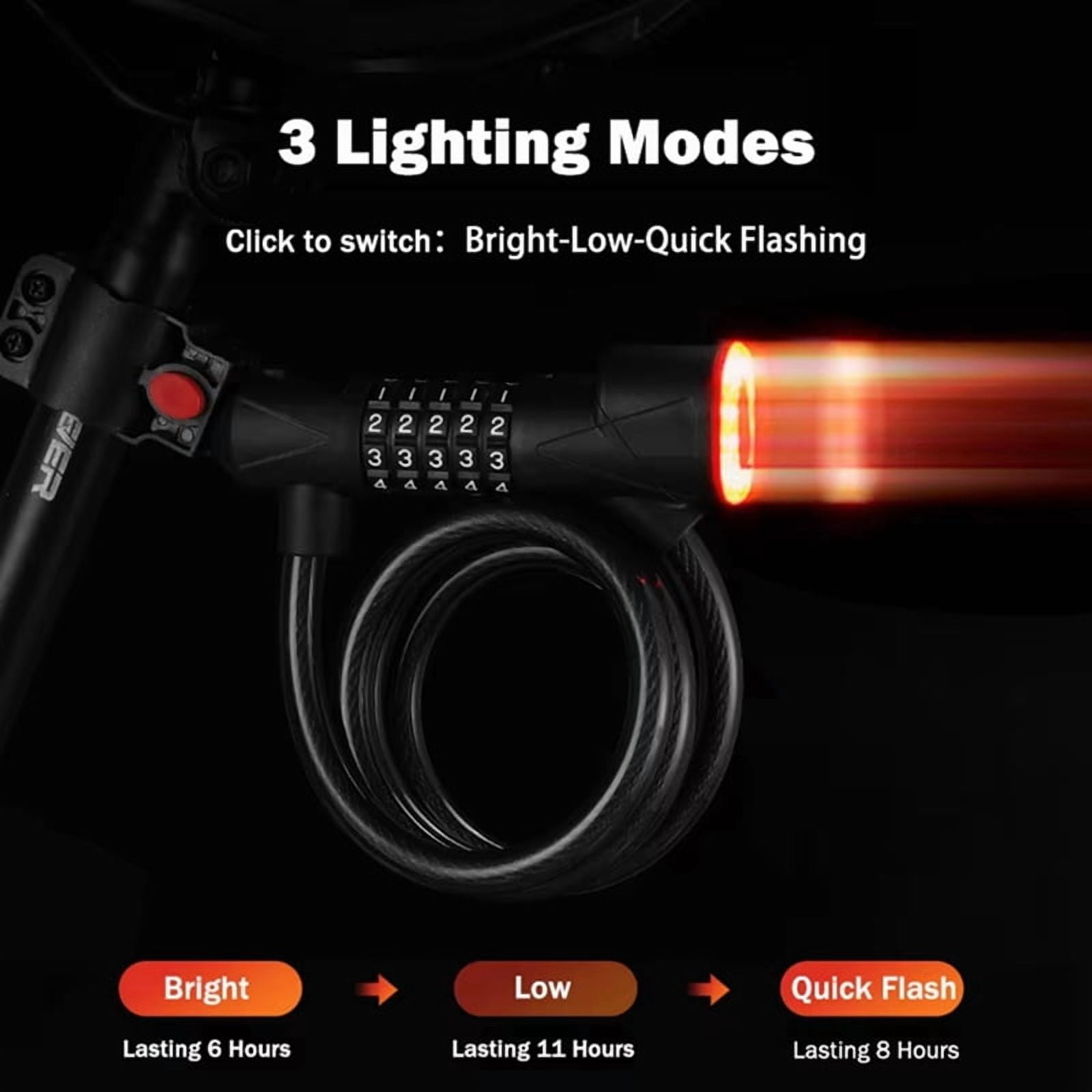 Bicycle Lock with Light 5 Digit Security Password Bike Lock Steel Cable Chain Anti-Theft Lock for Road Bike Black,1 x Bicycle Lock with Light,Black