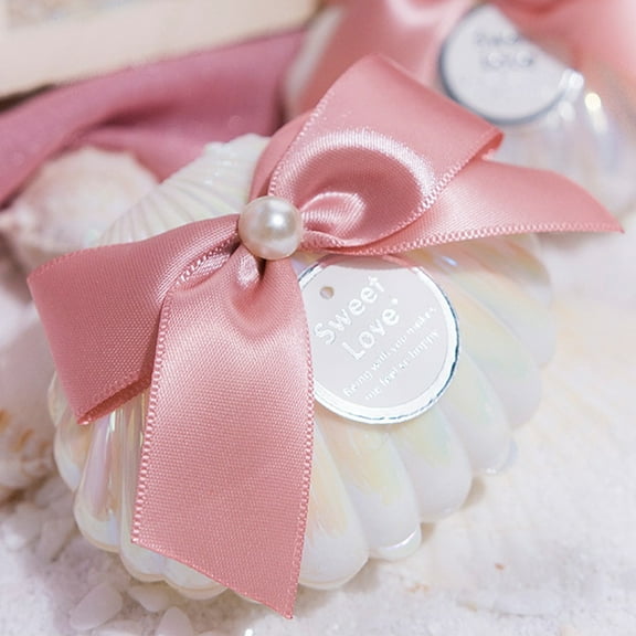 10 pc White Shell Shaped Plastic Candy Boxes with Ribbon Bowknot Pink 7x9cm