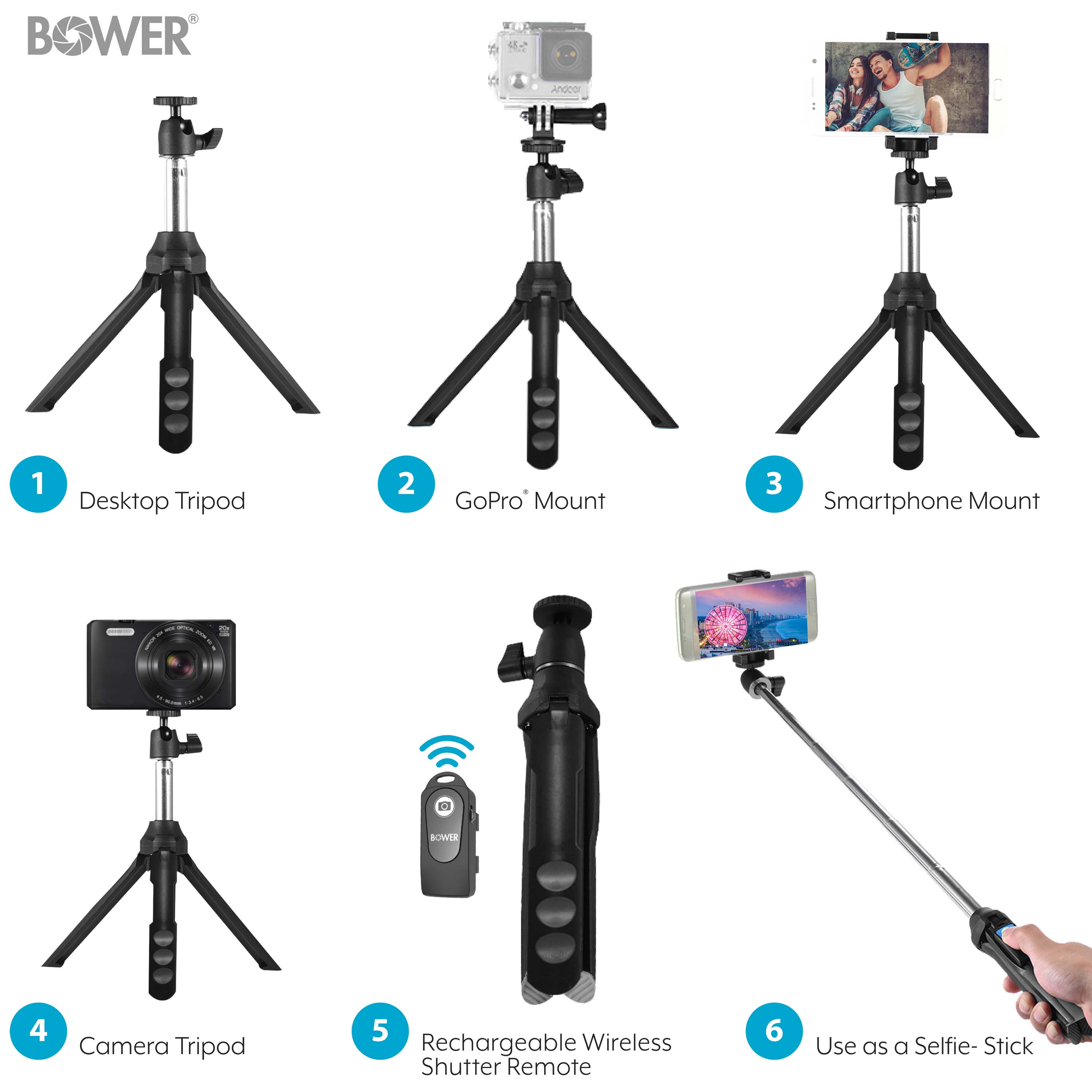 Bower 6 -in-1 Multi Selfie Tripod with Smartphone, GoPro Mount, and Rechargeable Wireless Remote, Black - image 4 of 7