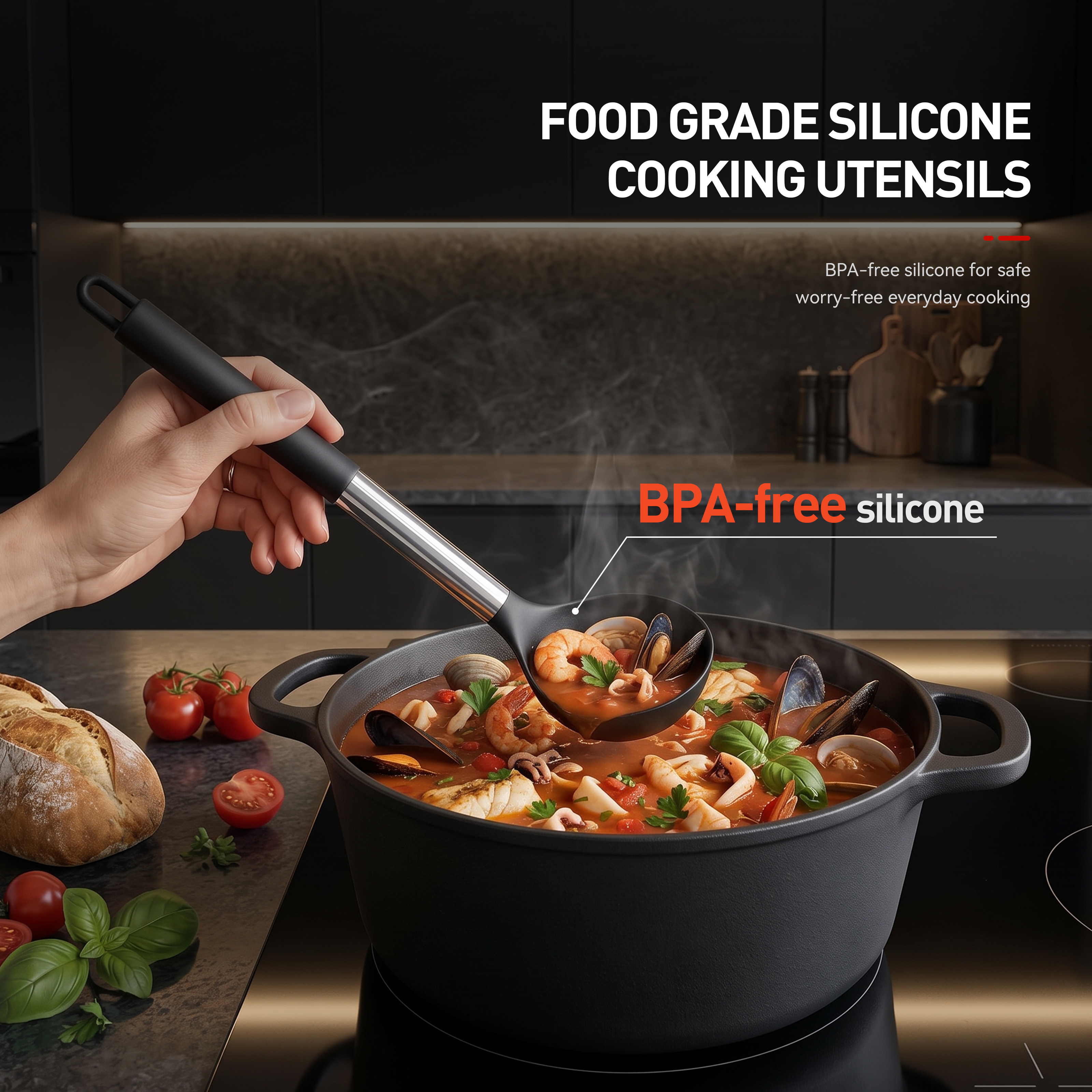 oannao Large Silicone Cooking Utensils Set, Black photo 6
