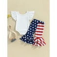 thumbnail image 4 of Bagilaanoe 4th of July Clothes for Newborn Baby Girls Fly Sleeve Letter Print Romper Tops + Striped Ruffles Flare Trousers 6M 12M 18M 24M Infant Independence Day Outfits 2pcs Long Pants Set, 4 of 8