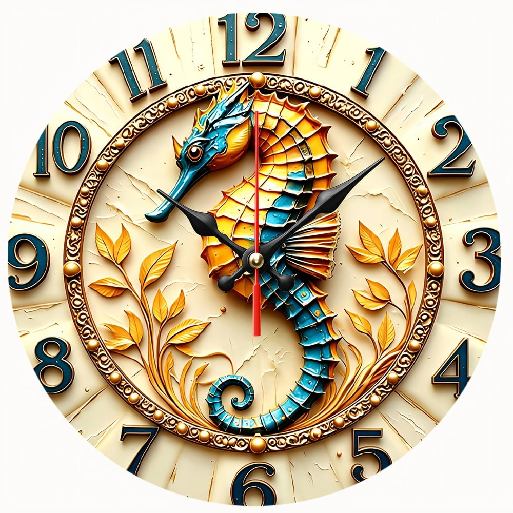 2 D Flat Round Wall Clock,Seahorse Ocean Art,Silent Non‑Ticking Decor Clock for Nautical Theme Room,Coastal 2 D Flat Round Wall Clock,Seahorse Ocean Art,Silent Non‑Ticking Decor Clock for Nautical Theme - d