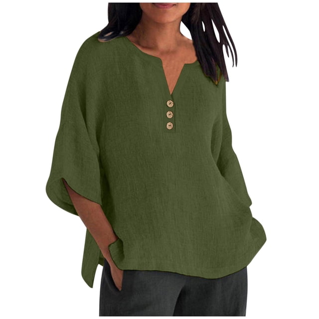 Timegard Oversized Tops for Women Notched V-Neck Button Half Sleeve Side Split Casual Loose Shirts Top