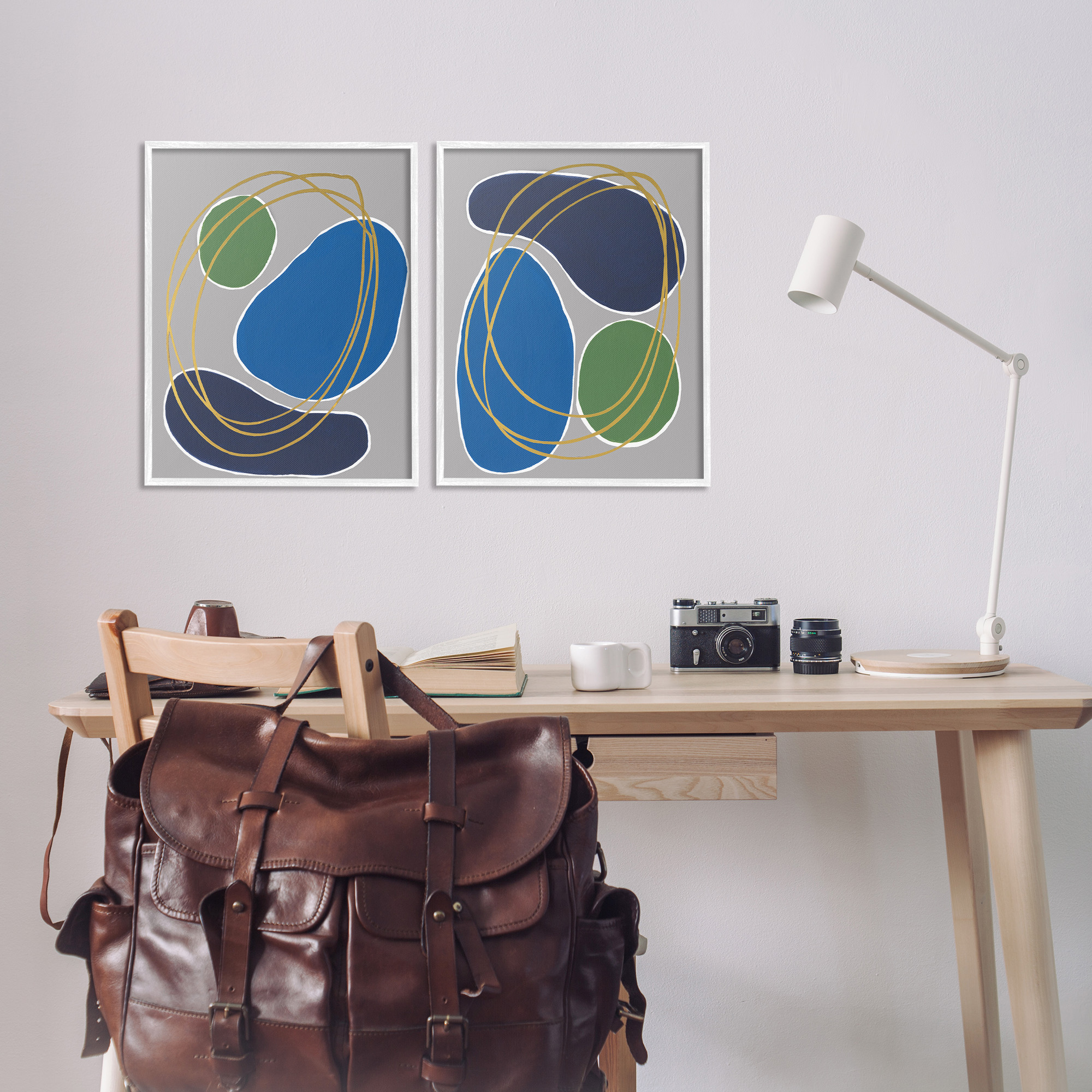 Stupell Industries Contemporary Oblong Shapes Abstract Painting White Framed Art Print Wall Art, 16 x 20, Set of 2