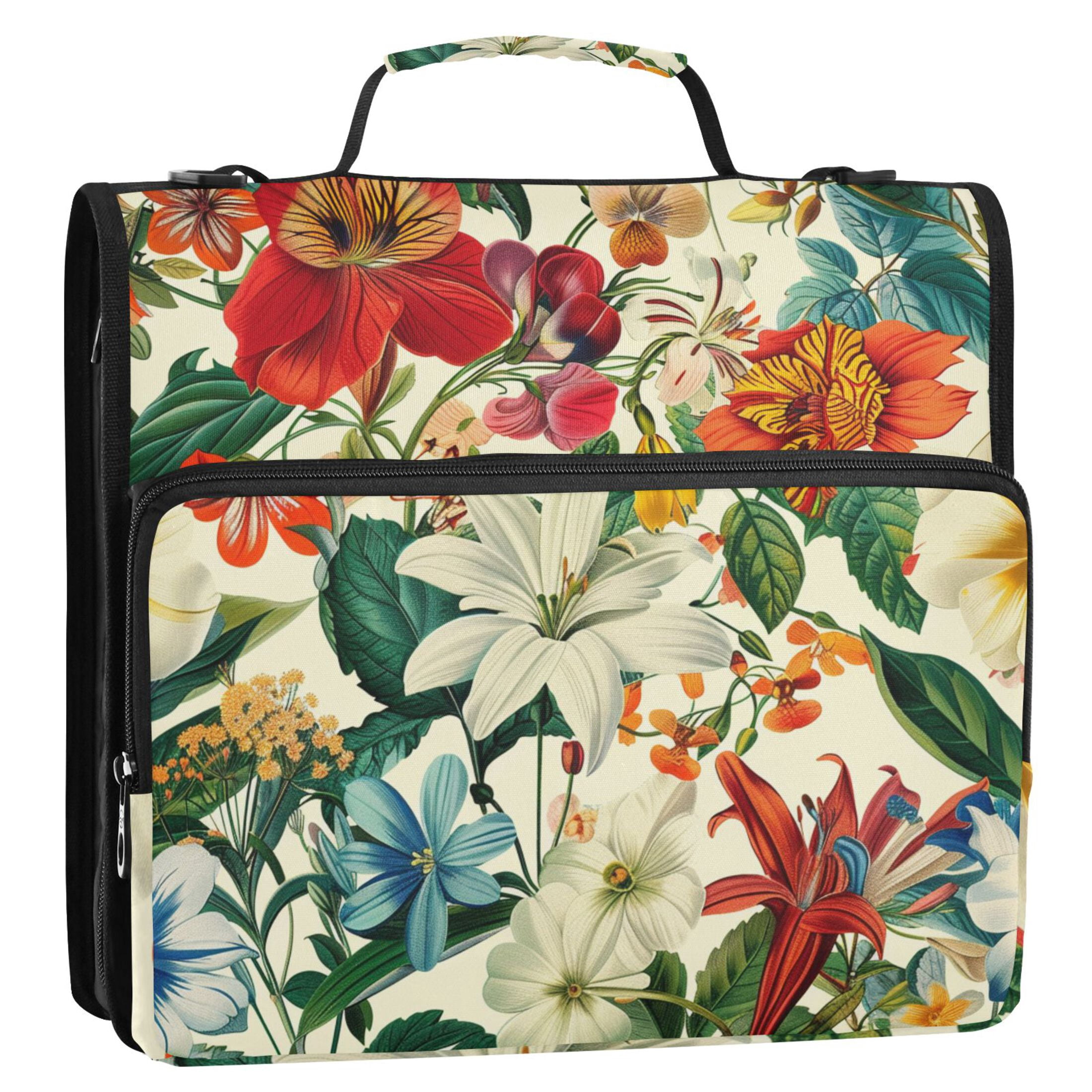 3 Ring Zipper Binder with Shoulder Strap Waterproof Trapper Keeper 2 Inch D-Ring 500 Sheets Capacity Different Flower and Leaf