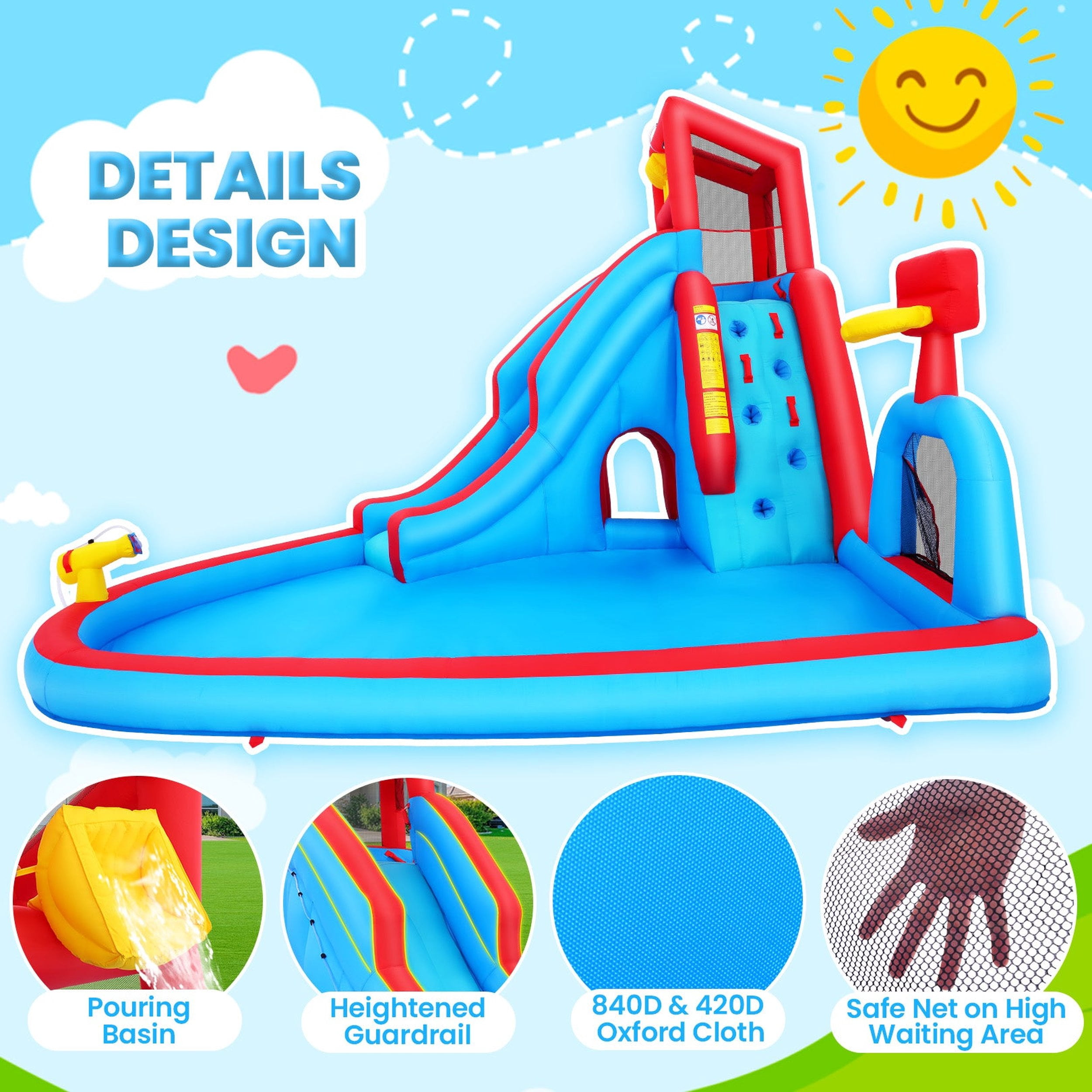Funcid Water Slide Inflatable Bounce House - Kids Backyard Water Park with Climbing Wall, Long Slide, Pool & Basketball Hoop