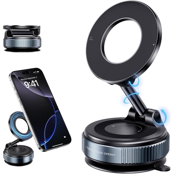 Magnetic Phone Holder for Car, Vacuum Suction Cup Phone Mount with Strong N52 Magnets, 360° Rotation Adjustable Arm, Universal Car Phone Holder for iPhone 17 16 15 14 13 12, Dashboard Windshield Scre