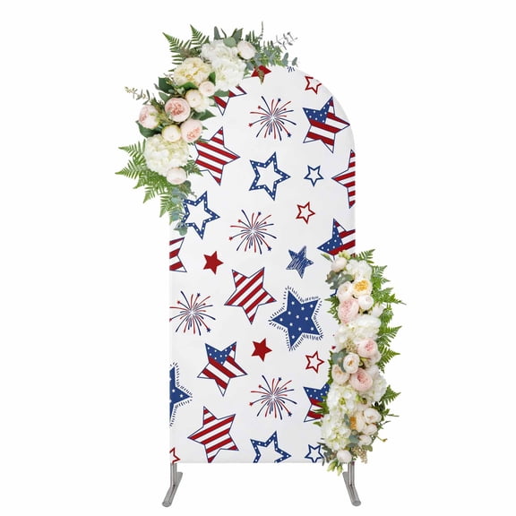 4th of July Arch Backdrop Cover, Spandex Fitted Wedding Arch Cover, Independence Day Blue Red Star Fireworks Round Top Stand Covers for Birthday Ceremony Bridal Shower Party Decor 5x2.1 Ft