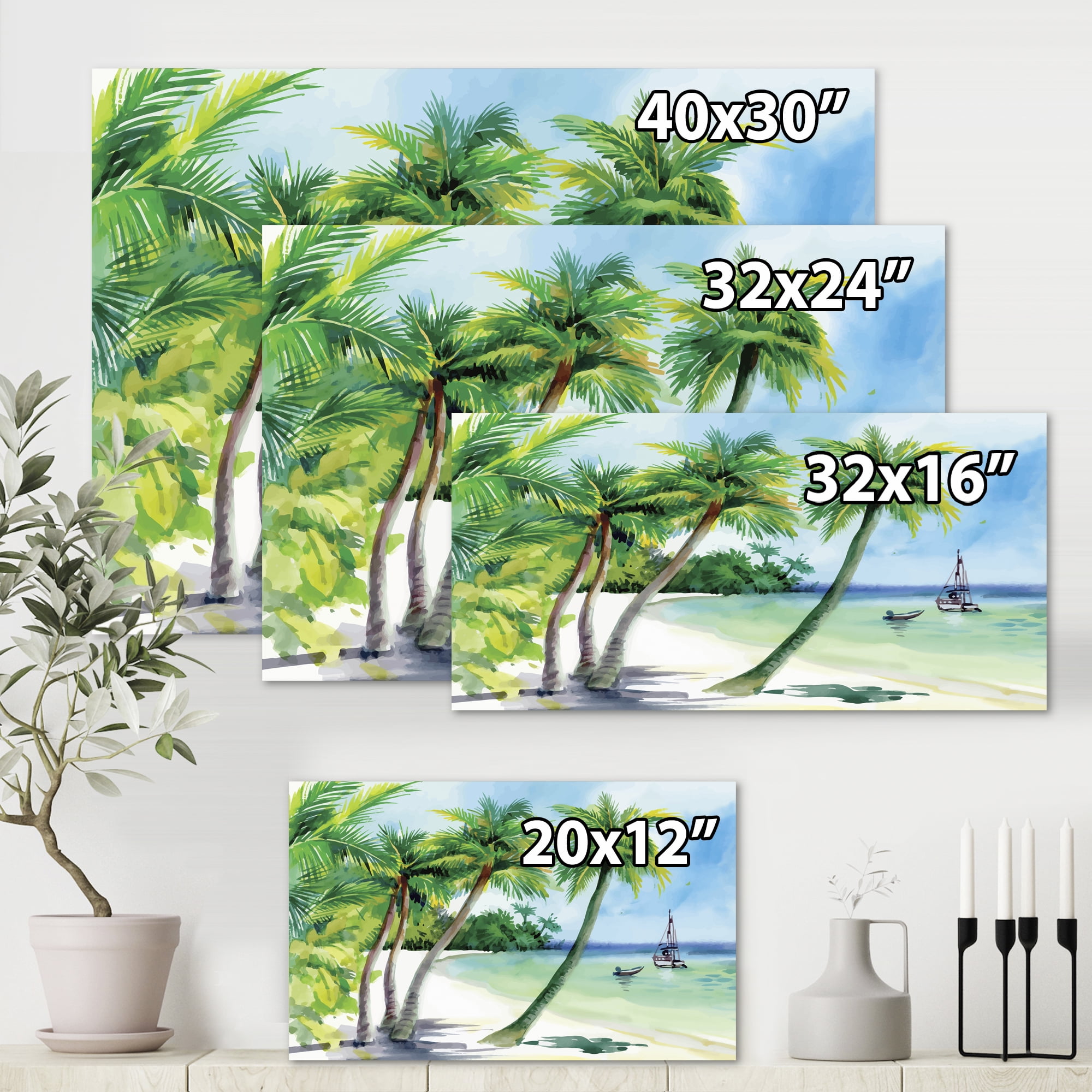 Palm Trees With Summer Beach 32 in x 16 in Painting Canvas Art Print, by Designart