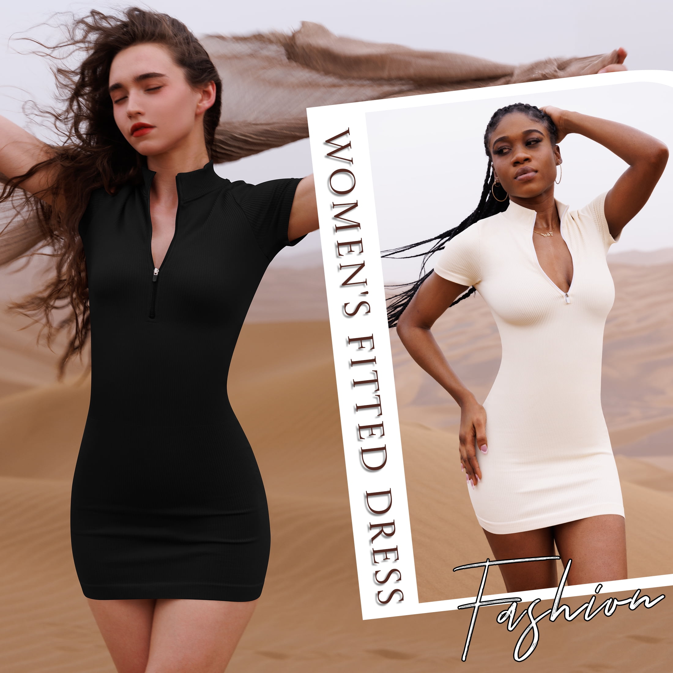 OQQ Women's 2 Piece Dresses Sexy Ribbed Zip Front Short Sleeve Stretch Tops Mini Dress