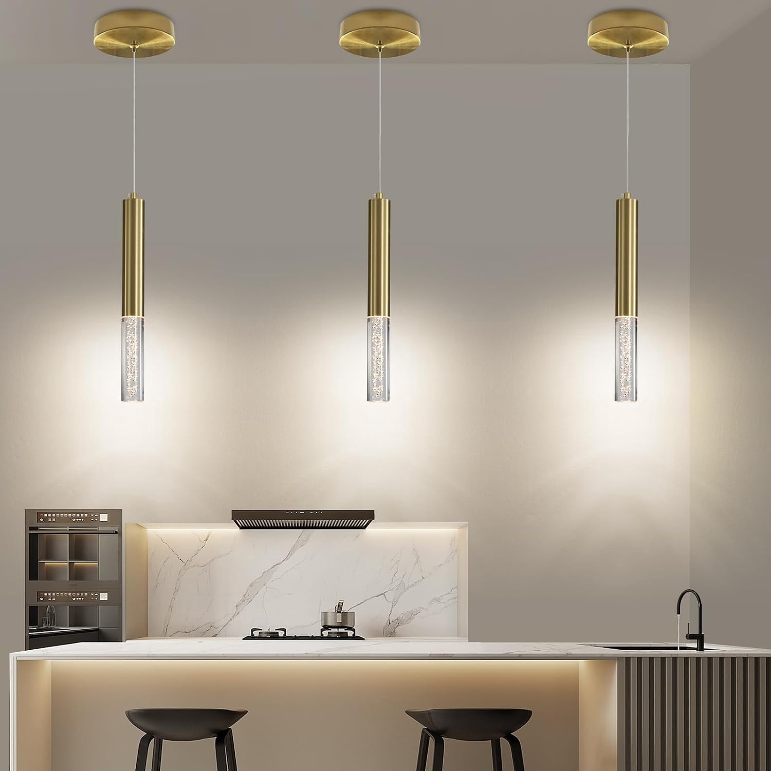 Modern Kitchen Island Pendent Lights Black Minimalist Ceiling Hanging Light Fixtures 3 Color 3000K/4500K/6500K Adjustable Height Mini Linear LED Chandeliers