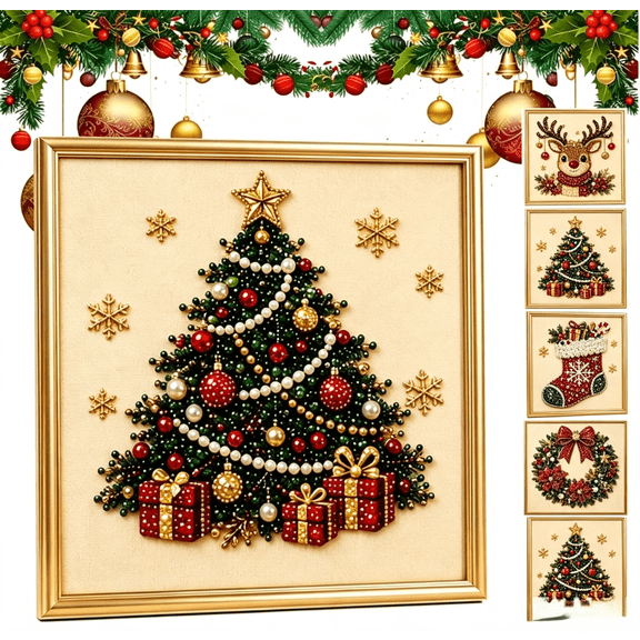 DIY Christmas Pearl Diamond Painting Art Kit with Frame, Christmas Ornaments for Adults, Relaxing & Beginner-Friendly Pearl Diamond Painting Hanging Kit for Home Wall Decor