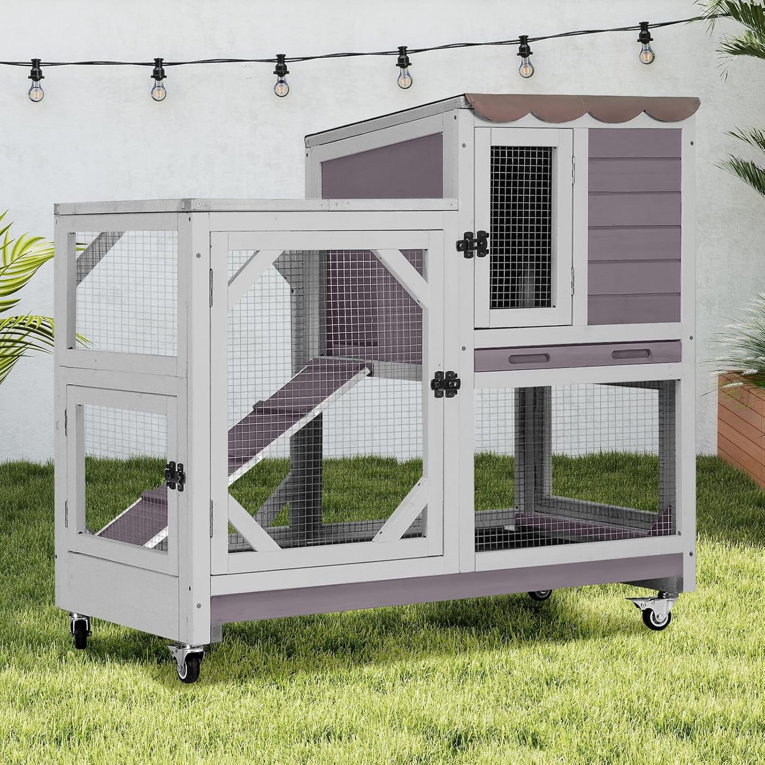 2-Story Rabbit Hutch Bunny Cage with Leak-Proof Trays & Chew-Proof Ramp - Indoor/Outdoor 39.3" Wooden Rabbit Cage with Wheels for Rabbits, Guinea Pigs, Small Animal (Grey)