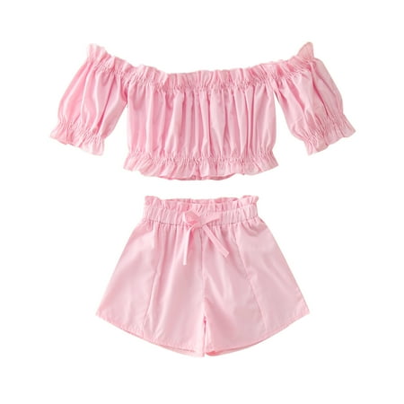 

XINSHIDE Toddler Kids Girls Clothes Summer Short Sleeve Solid Off Shoulder Ruffle T Shirt Tops Bow Shorts Casual 2Pcs Outfits Set Baby Clothing
