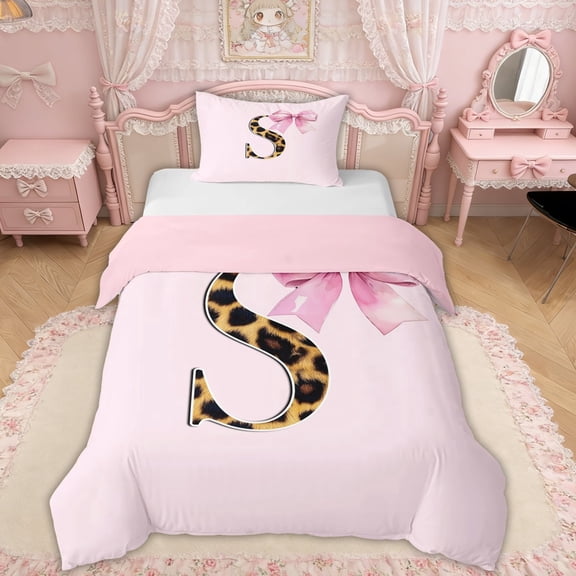 Erosebridal Pink Bowknot Letter S Twin Bedding, Cheetah Leopard Print Duvet Cover Set for Girls Kids, Pink Reversible, 1 Duvet Cover and 1 Pillowcase (No Comforter), 2 Pieces