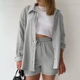 thumbnail image 2 of CHUOU Fashion Set Womens Shorts Set Long Sleeve Shirt Suit Shorts Two Piece Set Basic Shirt Top And Shorts Set, 2 of 5
