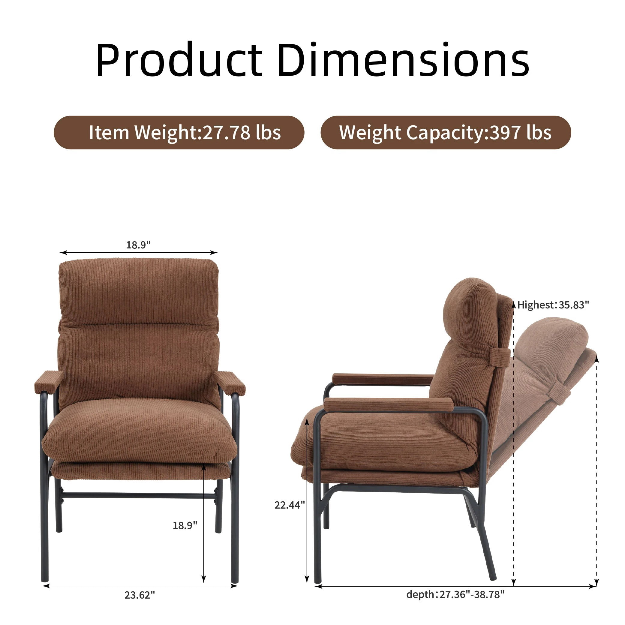 Avobird Modern Accent Chair for Living Room, Bedroom, Office, Vanity Chair with Adjustable Armrests & Removable Cushion, Brown