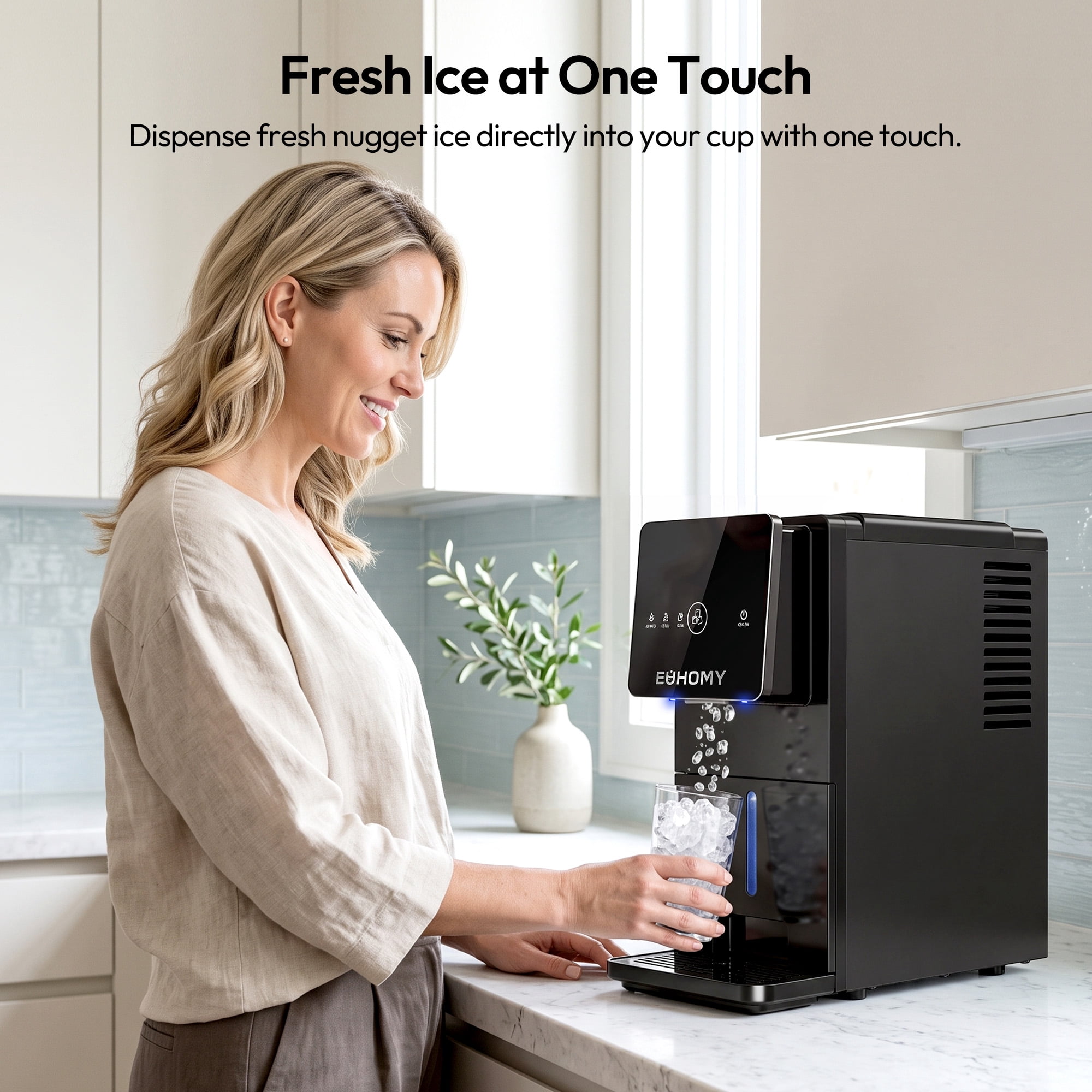 EUHOMY Countertop Nugget Ice Maker,40 lbs/24H，On-Demand Dispensing, Self-Cleaning with Drip Tray, Black