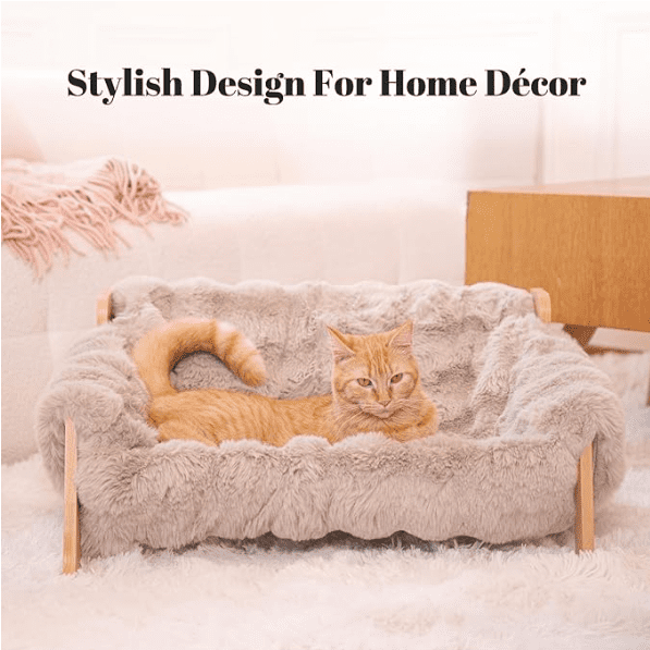 CheerPals Elevated Cat Couch Bed, Wooden Cats Sofa with Removable Washable Fluffy Cover Raised Kitty Lounge Chair Suitable for Puppy(Khaki)