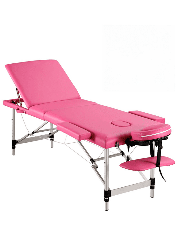 Naipo 3 Folding Portable Lightweight Massage Table Facial Salon Spa Tattoo Bed 82 inches Height Adjustable with Aluminium Leg Carrying Bag, Maximum Weight Capacity 595lbs, Pink